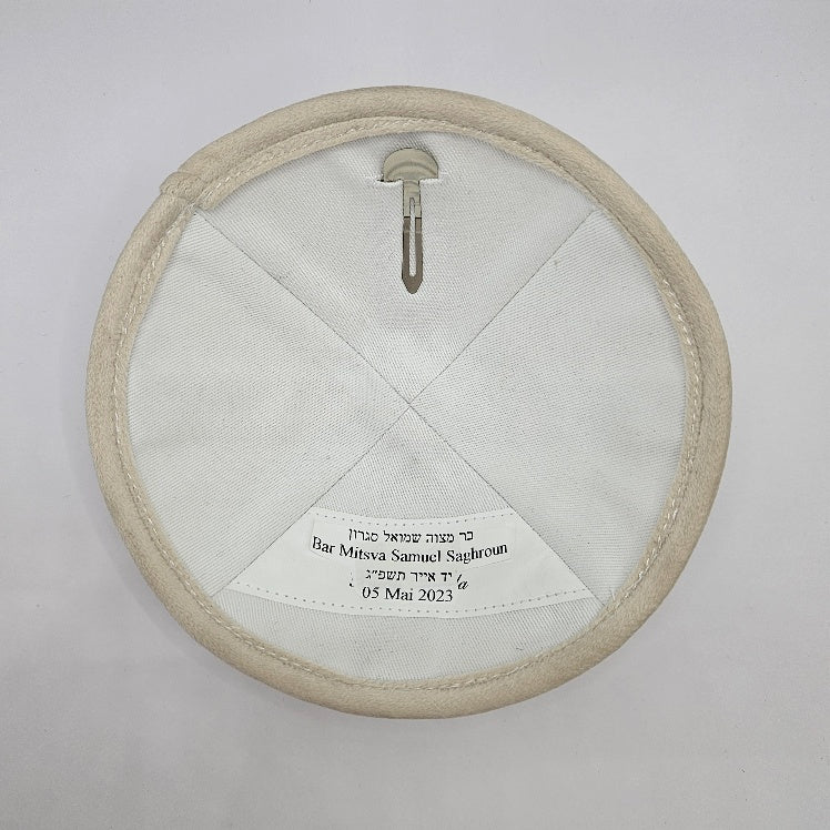 Beige Kippah with personalisation stitched in with label and clip on inside
